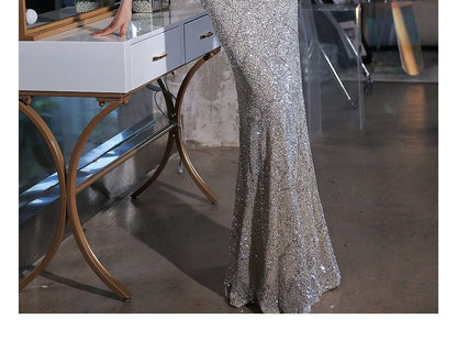 Sleeveless V-Neck Sequined Mermaid Evening Gown