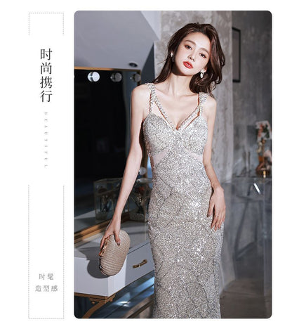 Sleeveless V-Neck Sequined Mermaid Evening Gown