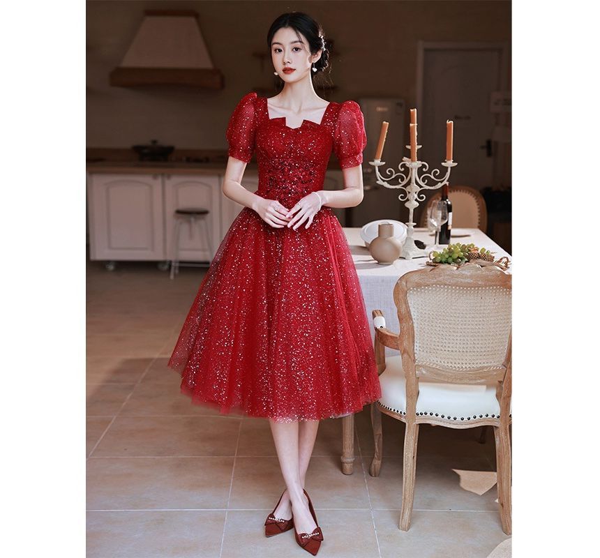 Gown Sequined A-Line Short-Sleeve Notched Evening