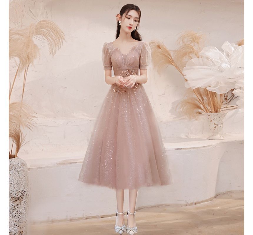 Gown Sequined A-Line Short-Sleeve Notched Evening