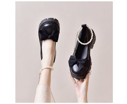 Platform Bow Faux Pearl Ankle Strap Pumps