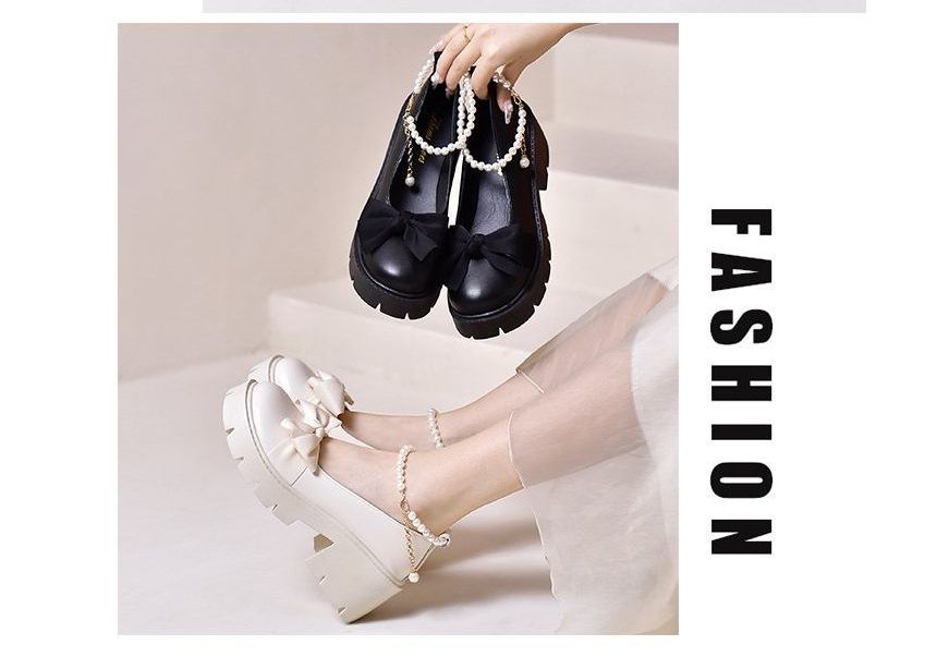 Platform Bow Faux Pearl Ankle Strap Pumps