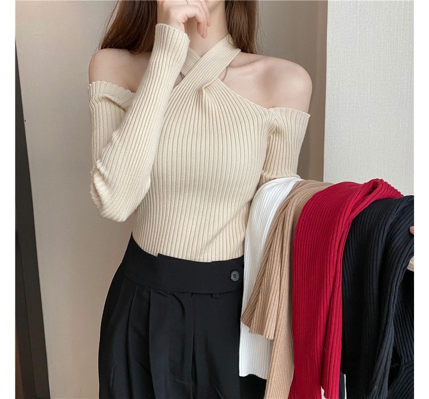 Top Halter Knit Long-Sleeve Plain Cold-Shoulder