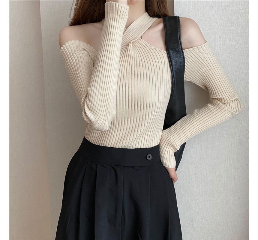 Top Halter Knit Long-Sleeve Plain Cold-Shoulder