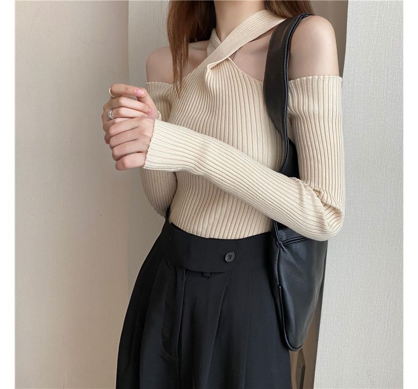 Top Halter Knit Long-Sleeve Plain Cold-Shoulder