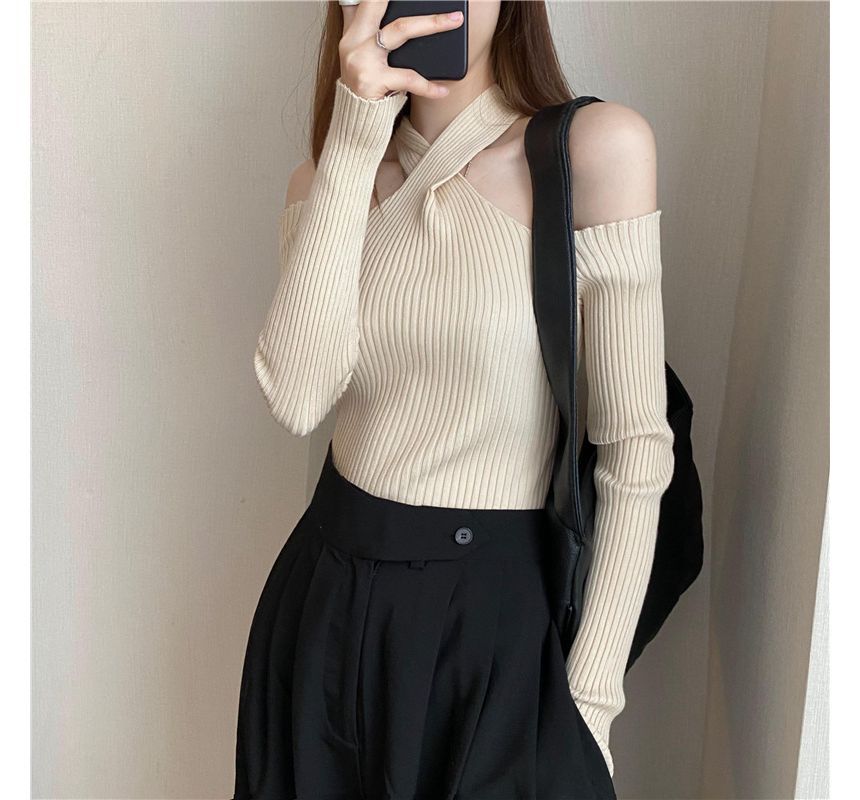 Top Halter Knit Long-Sleeve Plain Cold-Shoulder
