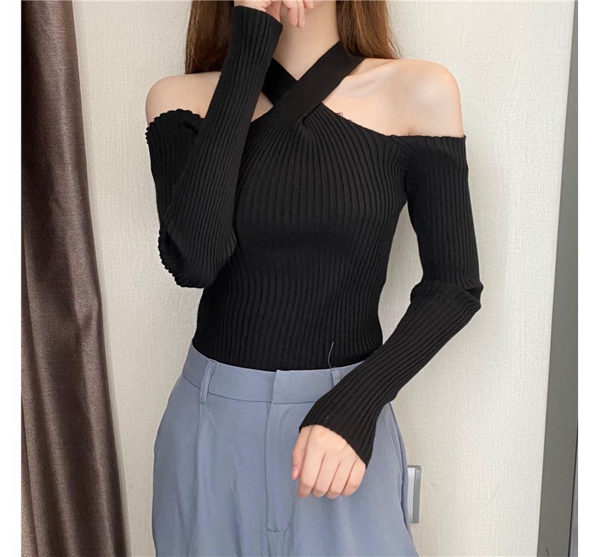Top Halter Knit Long-Sleeve Plain Cold-Shoulder