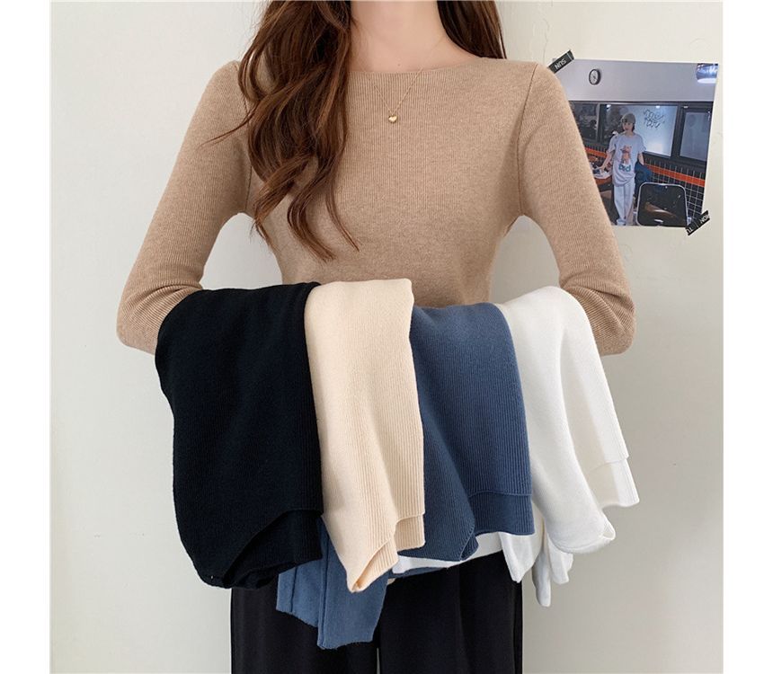 Long-Sleeve Top Knit Plain Slim-Fit