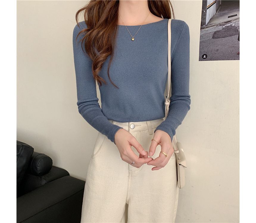 Long-Sleeve Top Knit Plain Slim-Fit