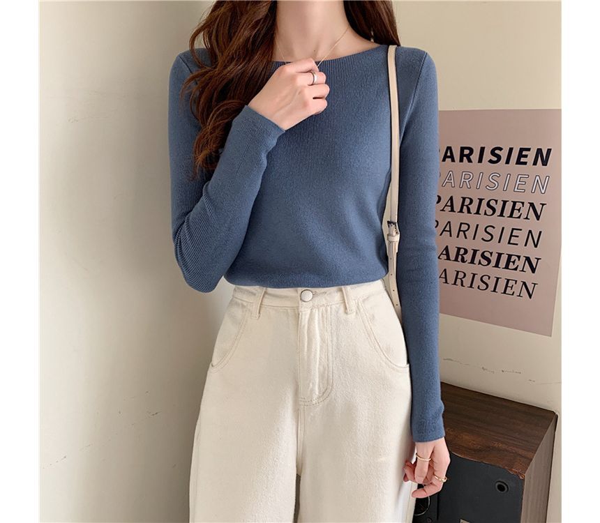 Long-Sleeve Top Knit Plain Slim-Fit