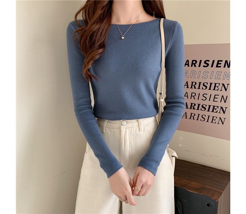 Long-Sleeve Top Knit Plain Slim-Fit