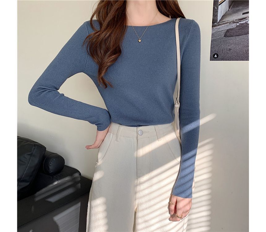 Long-Sleeve Top Knit Plain Slim-Fit