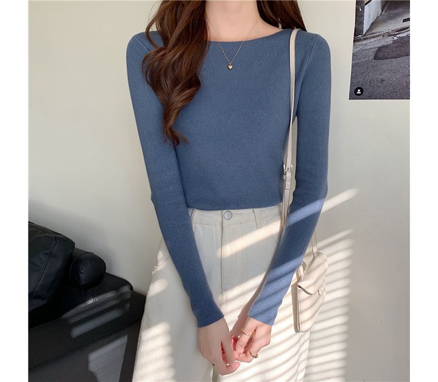 Long-Sleeve Top Knit Plain Slim-Fit
