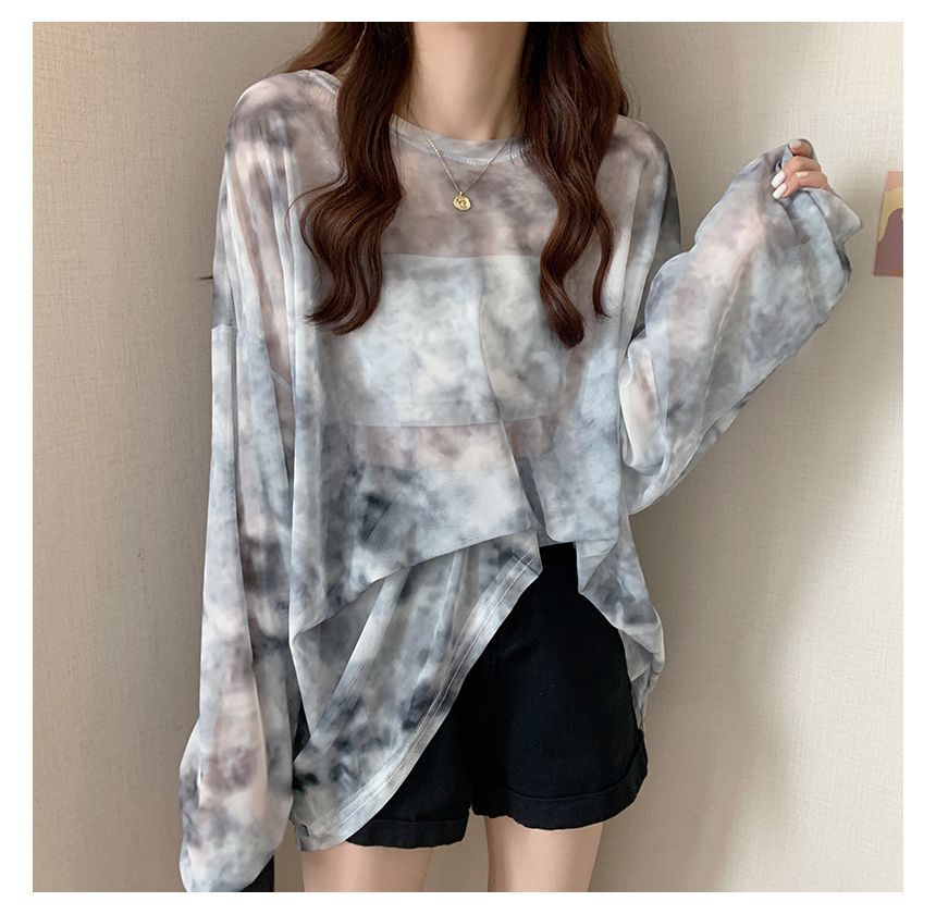 Neck Dye Mesh Long-Sleeve Crew Tee Tie Oversized