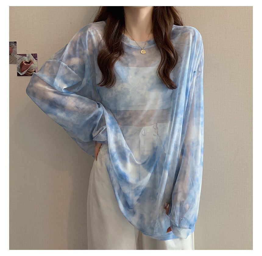 Neck Dye Mesh Long-Sleeve Crew Tee Tie Oversized