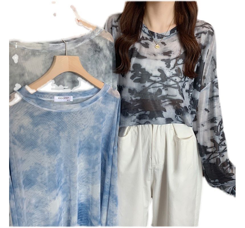 Neck Dye Mesh Long-Sleeve Crew Tee Tie Oversized