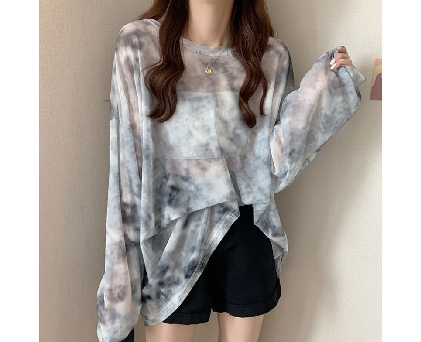 Neck Dye Mesh Long-Sleeve Crew Tee Tie Oversized