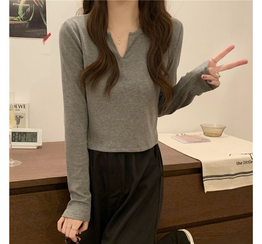 Neck Notch Plain Long-Sleeve T-Shirt