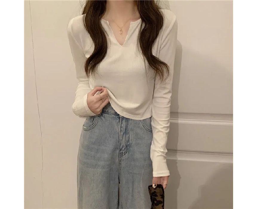 Neck Notch Plain Long-Sleeve T-Shirt