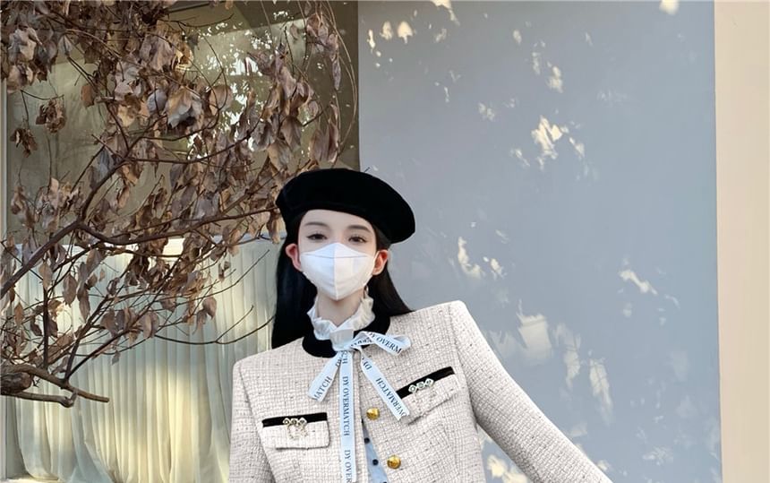 Stand Collar Velvet Panel Tweed Crop Single Breasted Jacket / High Waist Plain Tiered Velvet Mini A-Line Skirt / Long-Sleeve Stand Collar Lettering Print Tie Front Ruffle Blouse