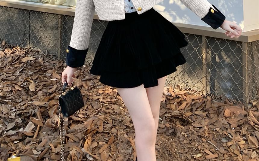 Stand Collar Velvet Panel Tweed Crop Single Breasted Jacket / High Waist Plain Tiered Velvet Mini A-Line Skirt / Long-Sleeve Stand Collar Lettering Print Tie Front Ruffle Blouse