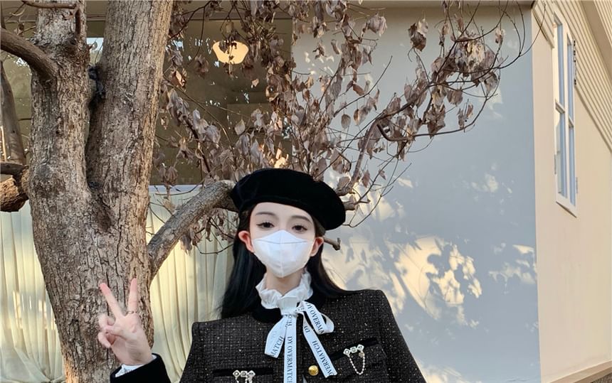 Stand Collar Velvet Panel Tweed Crop Single Breasted Jacket / High Waist Plain Tiered Velvet Mini A-Line Skirt / Long-Sleeve Stand Collar Lettering Print Tie Front Ruffle Blouse