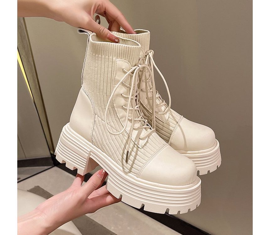Platform Boots Lace-Up Faux Short Knit Panel Leather