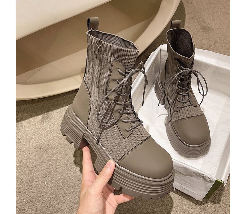 Platform Boots Lace-Up Faux Short Knit Panel Leather