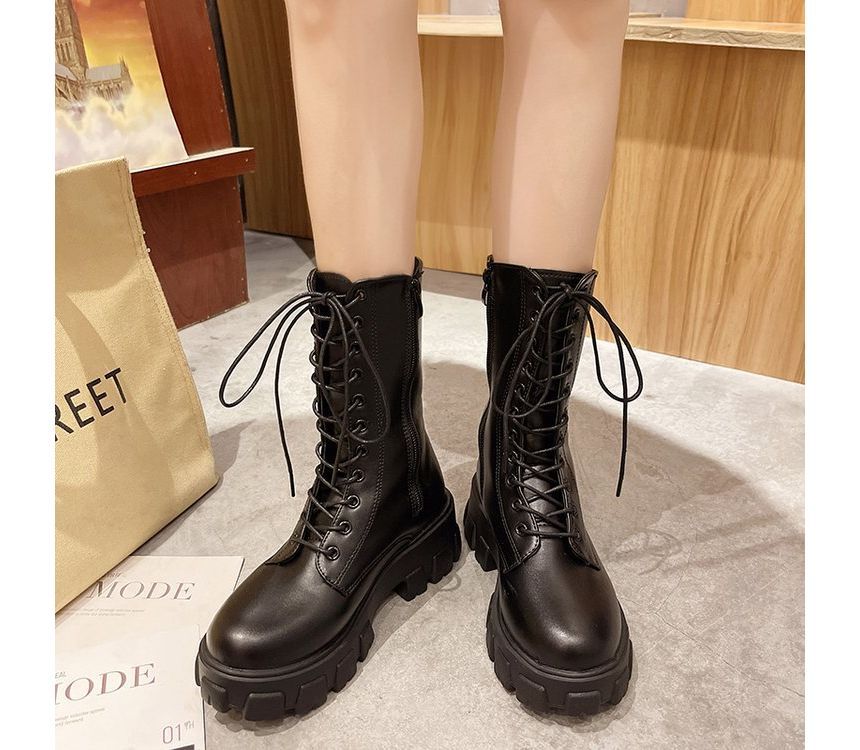 Boots Platform Lace-Up Faux Short Leather