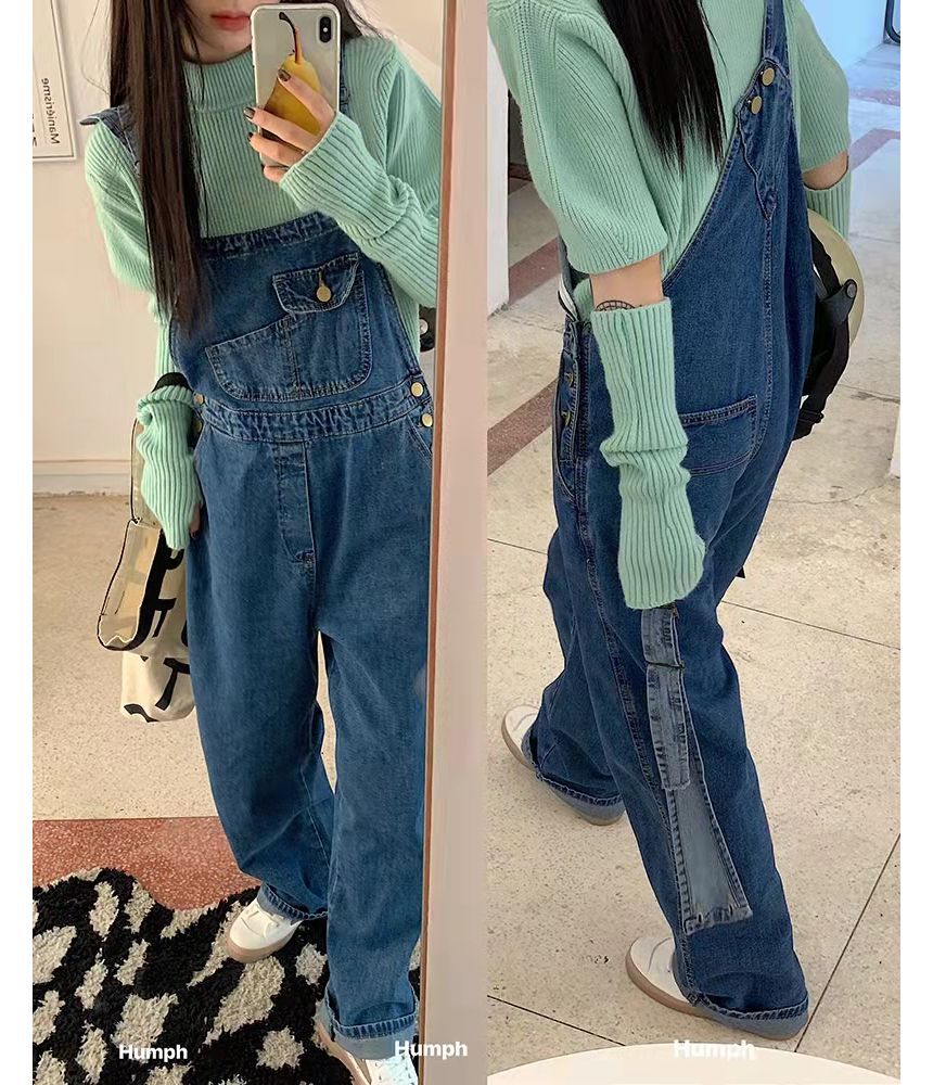 Puff-Sleeve Mock Neck Plain Knit Top / Arm Sleeves / Denim Overalls / Set