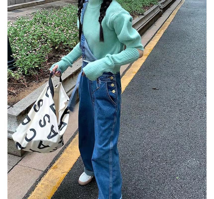 Puff-Sleeve Mock Neck Plain Knit Top / Arm Sleeves / Denim Overalls / Set