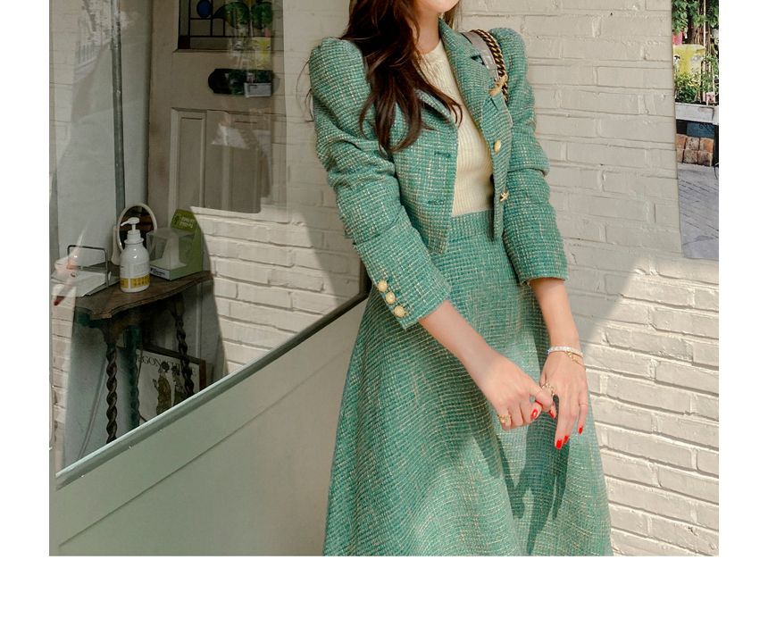 Set: Tweed Button-Up Crop Jacket + High Waist Midi A-Line Skirt