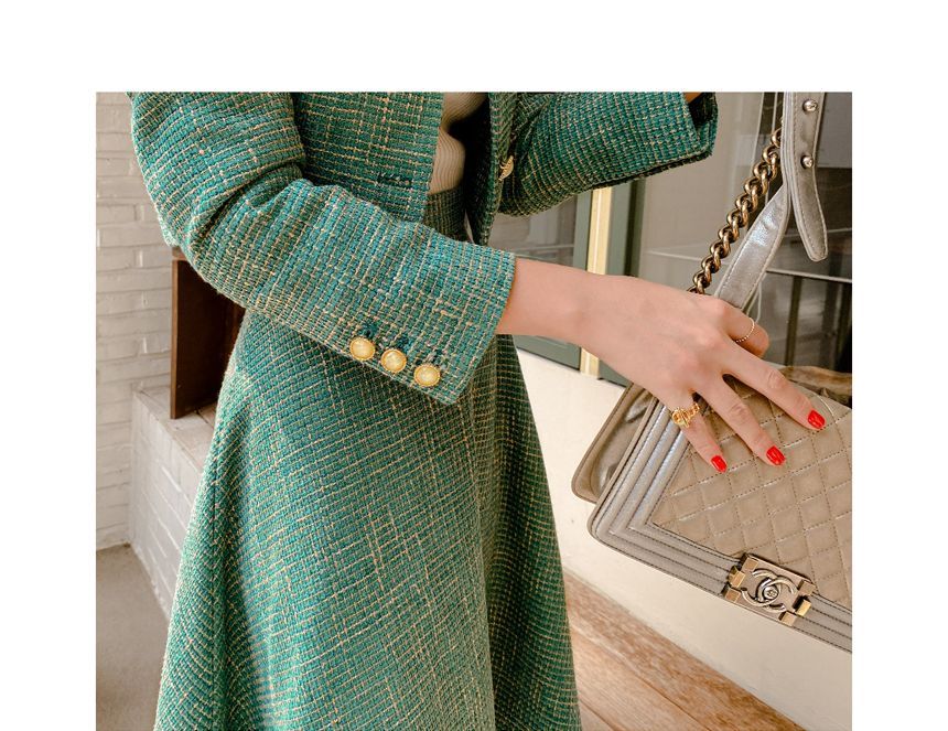 Set: Tweed Button-Up Crop Jacket + High Waist Midi A-Line Skirt