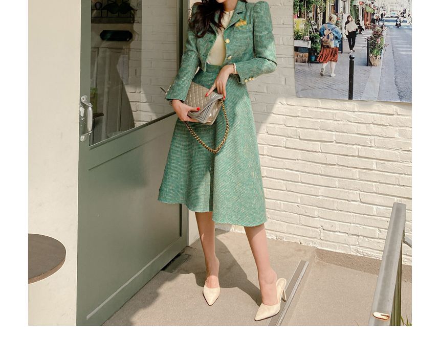 Set: Tweed Button-Up Crop Jacket + High Waist Midi A-Line Skirt