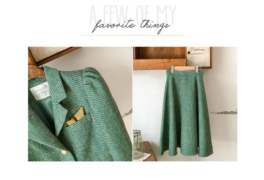 Set: Tweed Button-Up Crop Jacket + High Waist Midi A-Line Skirt