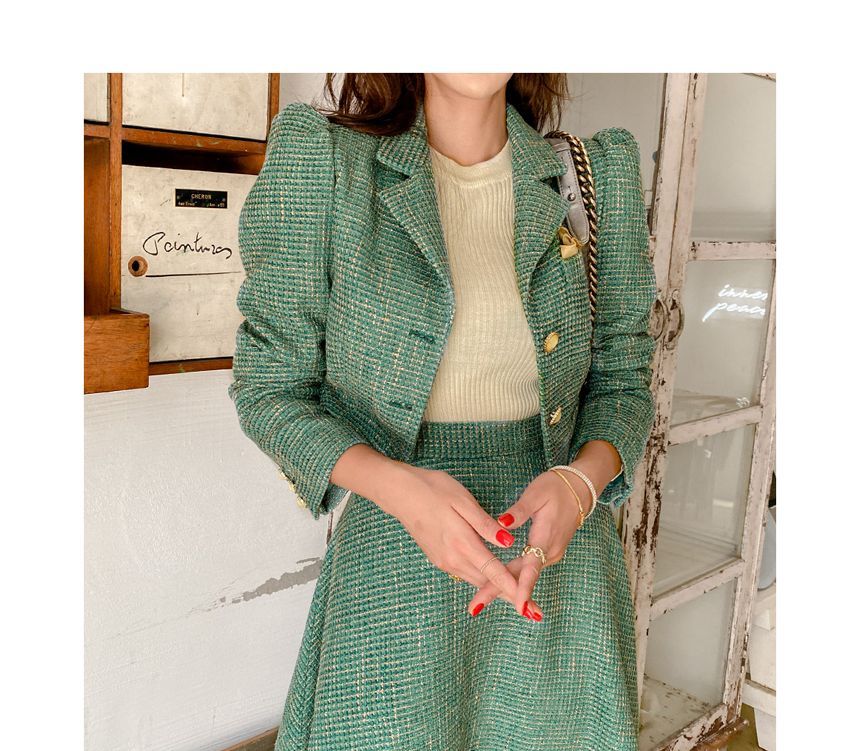 Set: Tweed Button-Up Crop Jacket + High Waist Midi A-Line Skirt