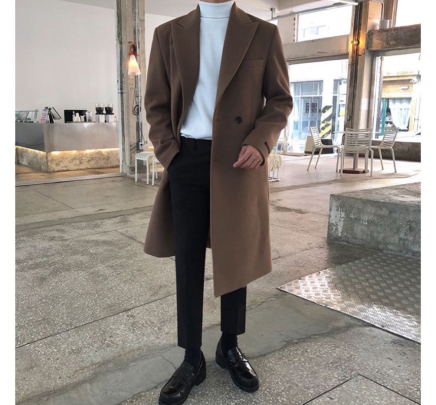 Long-Sleeve  Plain Double-Breasted Woolen Coat