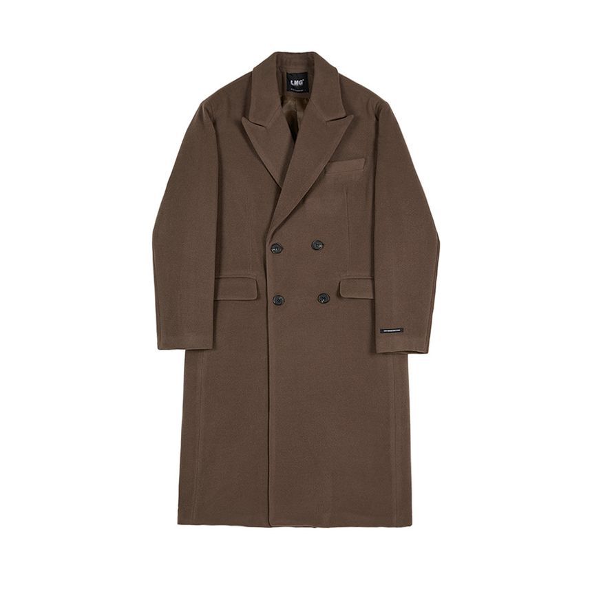 Long-Sleeve  Plain Double-Breasted Woolen Coat