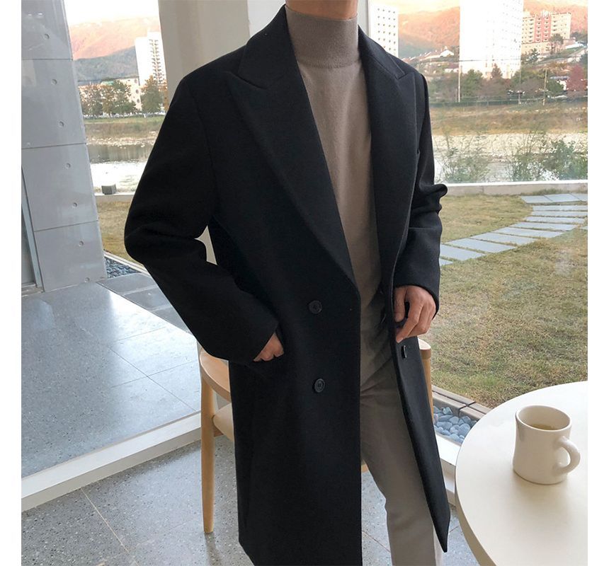 Long-Sleeve  Plain Double-Breasted Woolen Coat