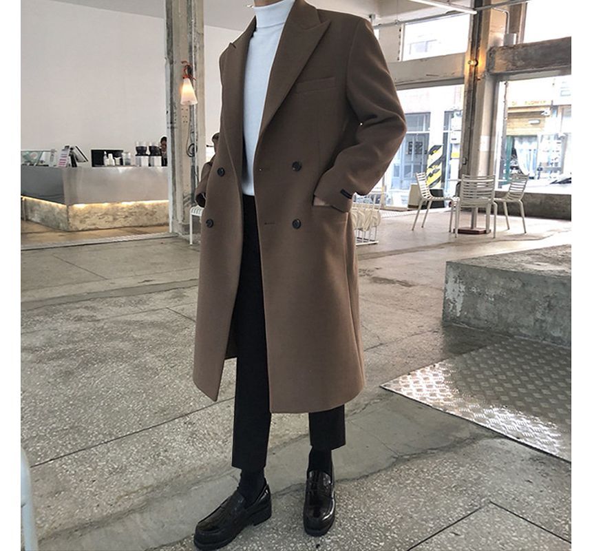 Long-Sleeve  Plain Double-Breasted Woolen Coat