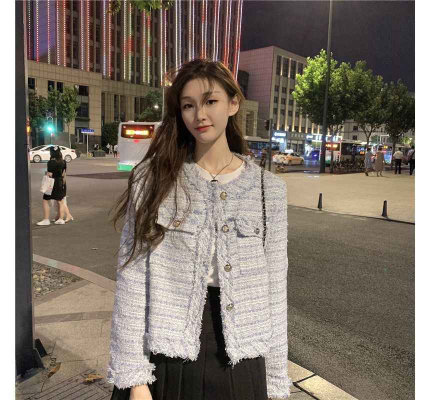 Round Neck Single Breasted Fringed Tweed Blazer