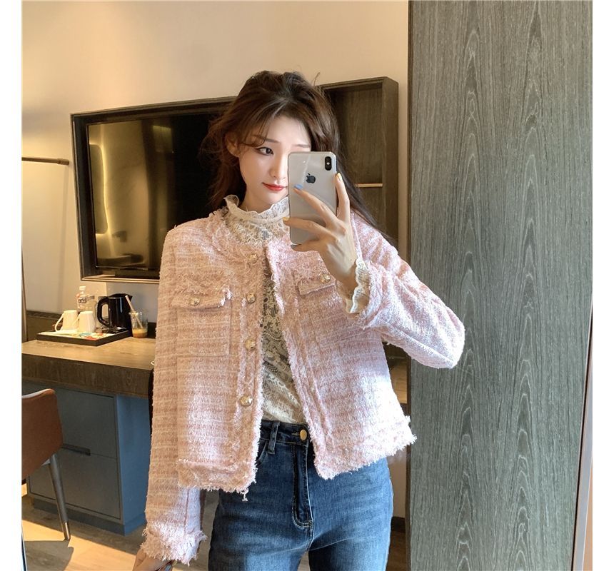 Round Neck Single Breasted Fringed Tweed Blazer