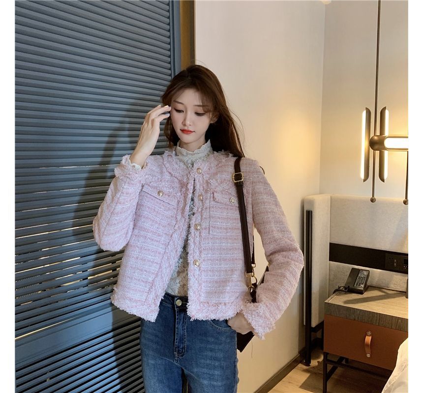 Round Neck Single Breasted Fringed Tweed Blazer