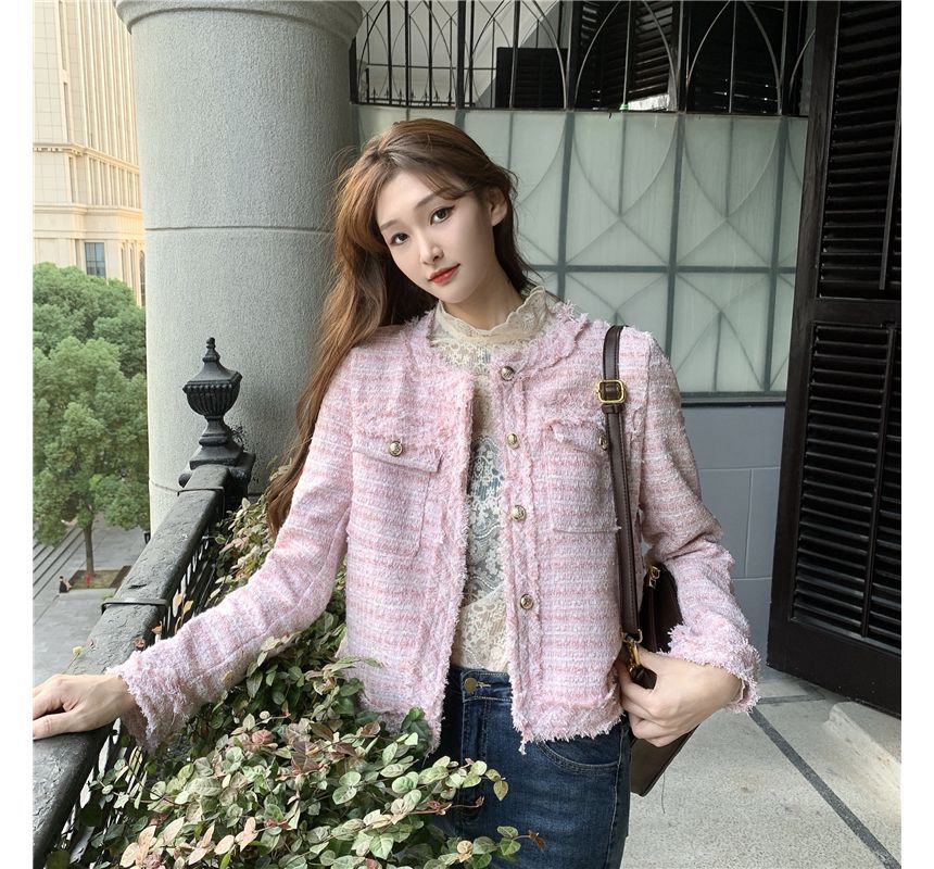 Round Neck Single Breasted Fringed Tweed Blazer