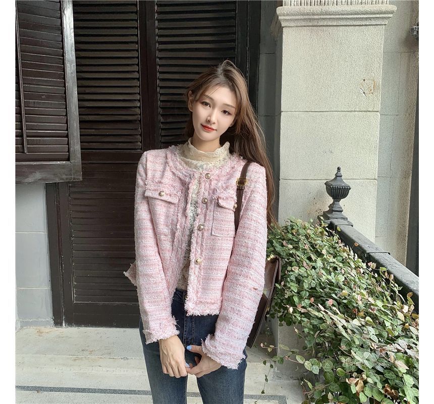 Round Neck Single Breasted Fringed Tweed Blazer