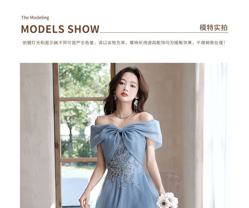 Gown Midi Off-Shoulder Sequin / Evening Dress A-Line