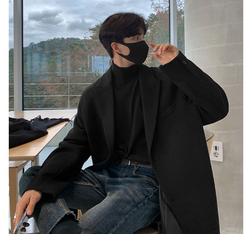 Long-Sleeve Plain Woolen Long Coat