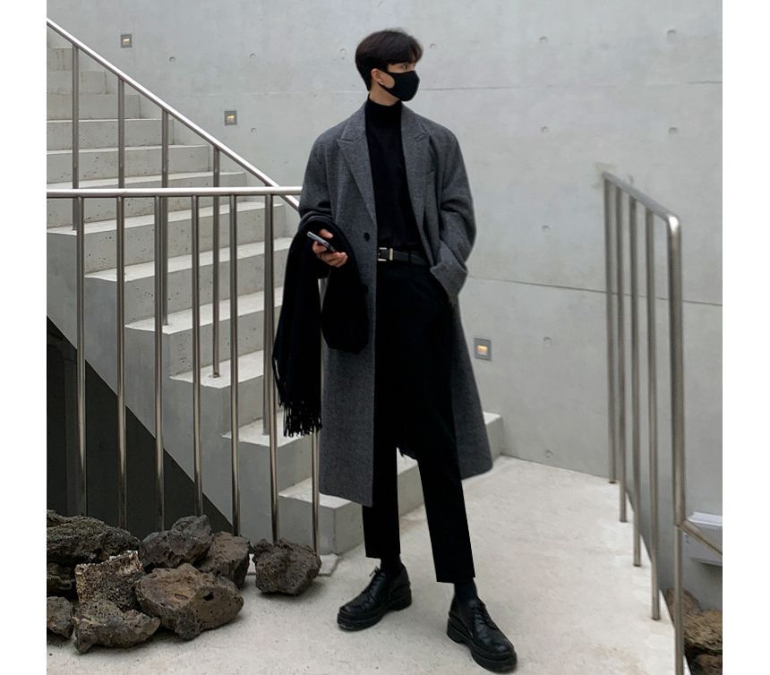 Long-Sleeve Plain Woolen Long Coat