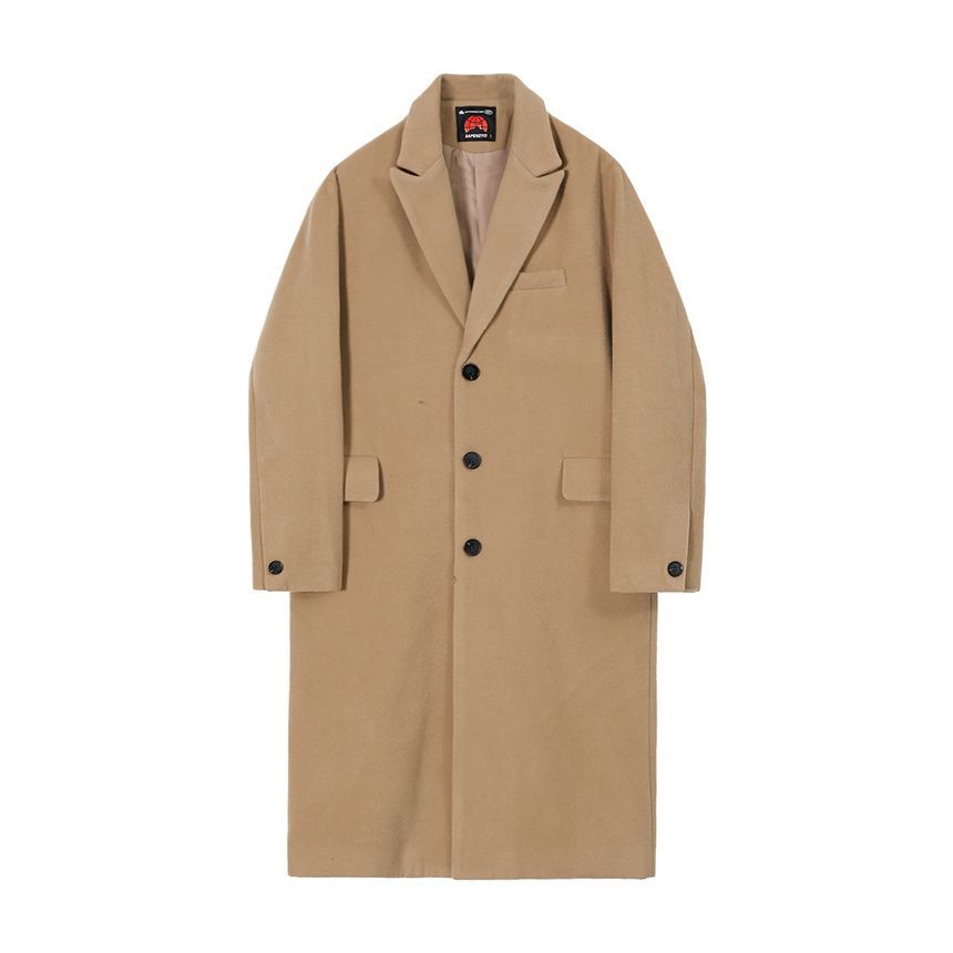 Long-Sleeve Plain Woolen Long Coat