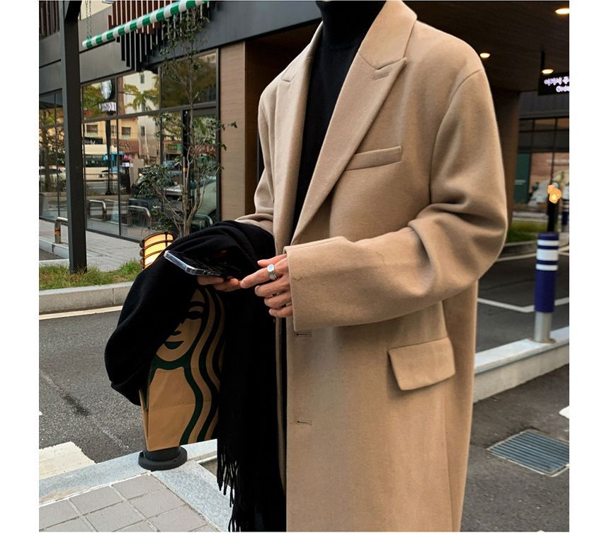 Long-Sleeve Plain Woolen Long Coat